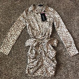 PrettyLittleThing Beige Leopard Satin Dress